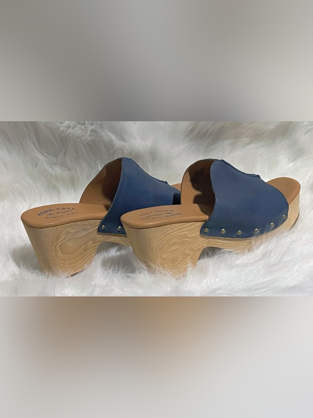 Kork-Ease NWOT Waone Leather Wood Wedge Platform Sandal Size 9 Blue/Grey - Picture 4 of 10